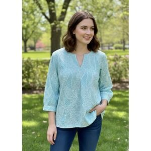 J. Jill A line Popover Top Womens 3X Blue Cotton Rope Embroidery Notch Neck